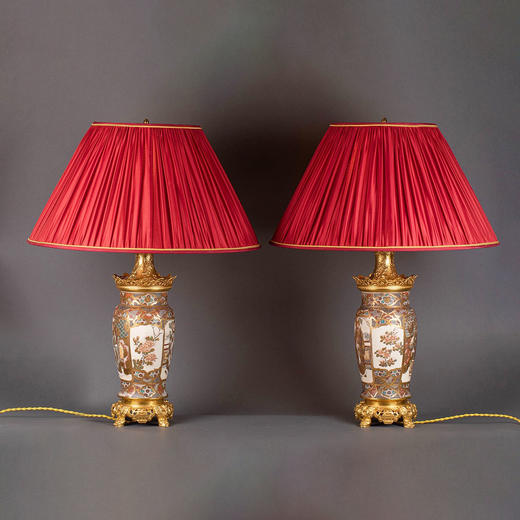 独角鹿西洋古董欧式法式vintage台灯一对萨摩烧铜鎏金花瓶造型 商品图0