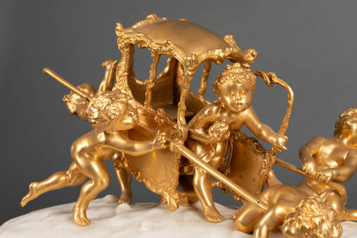 独角鹿西洋古董Gossin签名乌木大理石底座镶嵌天使主题铜鎏金雕塑 商品图4