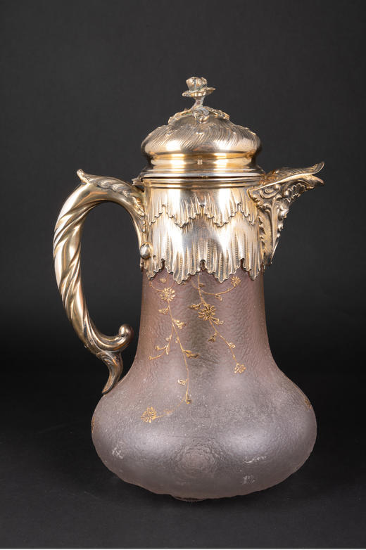 独角鹿西洋古董法国南锡派Daum路易十五风银镀金描金花卉水晶壶 商品图1