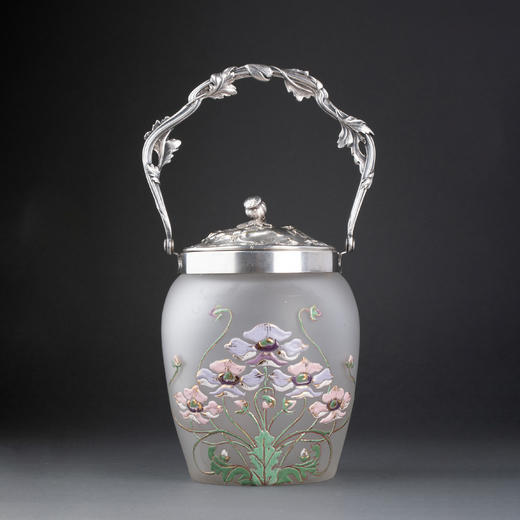 独角鹿西洋古董Victor SAGLIER工坊花卉铜镀银雕饰水晶罐饼干桶 商品图0