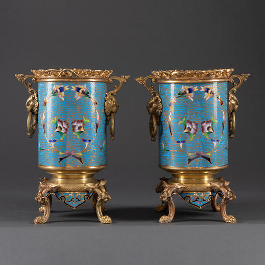 独角鹿西洋古董法国拿破仑三世时期出品铜鎏金錾胎珐琅花瓶一对 商品图0