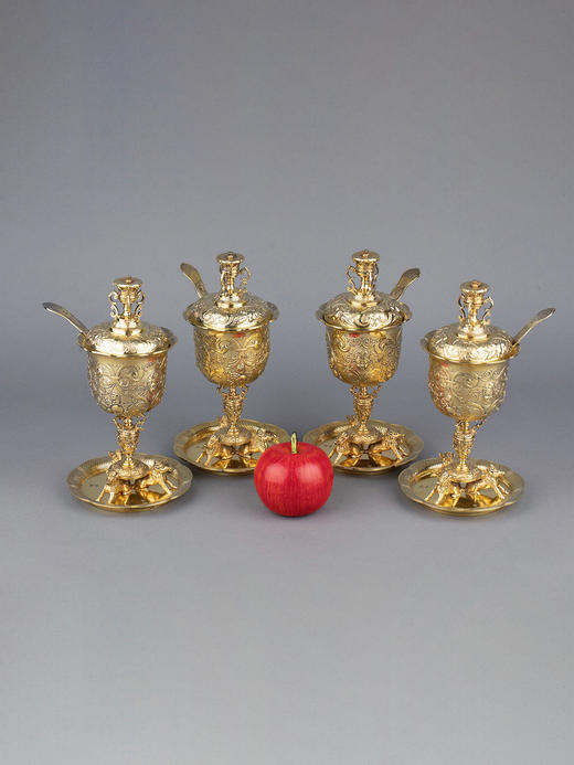 独角鹿西洋古董银器William Elliott狩猎主题纯银镀金糖罐套件 商品图1