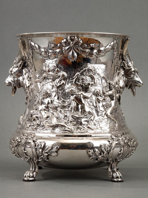 独角鹿西洋古董银器德国哈瑙地区出品酒神欢宴主题纯银浮雕冰桶 商品图0