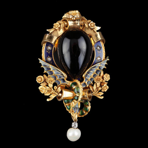 独角鹿西洋古董18K金镶石榴石野生珍珠钻石珐琅飞龙造型胸针吊坠 商品图0