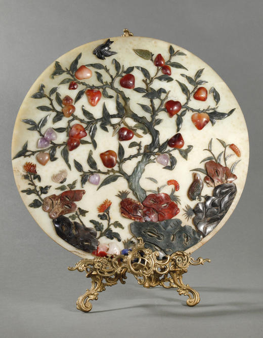 独角鹿西洋古董1900年代中国出品玛瑙青金石玉盘摆件 商品图1