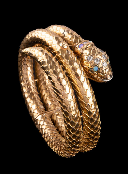 独角鹿西洋古董瑞士18K黄金镶嵌欧泊石钻石灵蛇造型手镯式女手表 商品图1