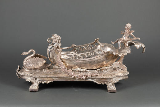 独角鹿西洋古董银器摆件19世纪法国出品天鹅游船主题铜镀银酒瓶架 商品图2