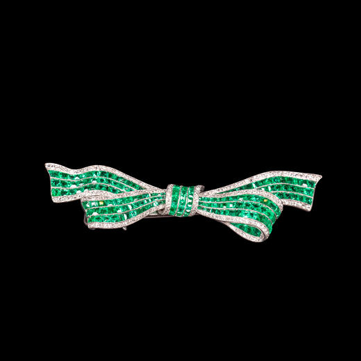 独角鹿西洋古董珠宝美好时代风18K金铂金镶钻石祖母绿蝴蝶结胸针 商品图0