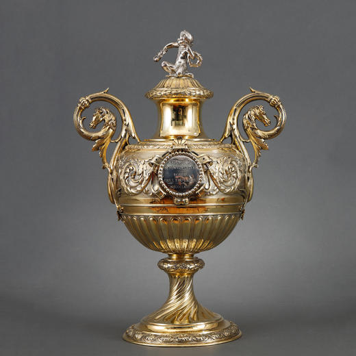 独角鹿西洋古董DUPONCHEL签名月桂小天使纯银镀金双耳式纪念奖杯 商品图0