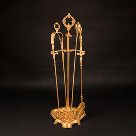 独角鹿西洋古董法国路易十六风格精雕棕榈鸢尾纹鎏金壁炉工具套件