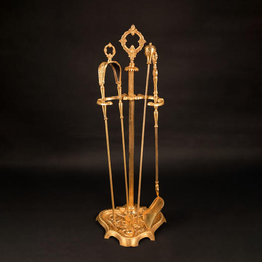 独角鹿西洋古董法国路易十六风格精雕棕榈鸢尾纹鎏金壁炉工具套件 商品图0