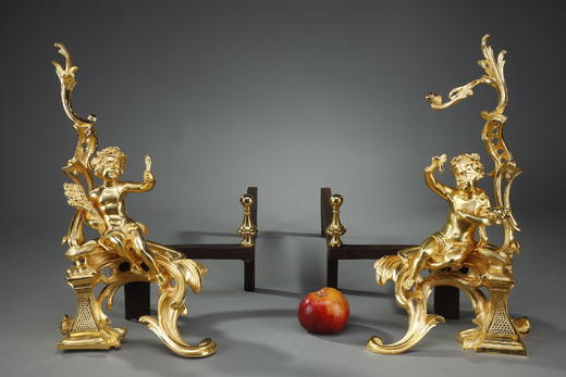 独角鹿西洋古董法国出品路易十五风格洛可可装饰铜鎏金壁炉柴架 商品图1