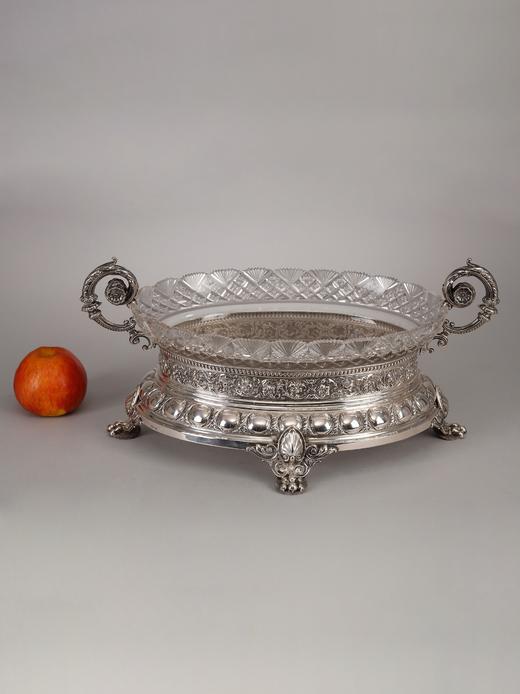 独角鹿西洋古董银器新古典主义风纯银精雕底座水晶双耳盘果盘摆件 商品图1