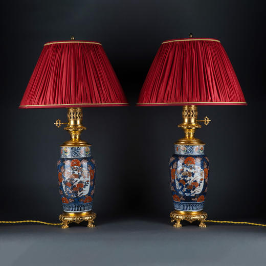 独角鹿西洋古董法国铜鎏金嵌伊万里瓷瓶描金手绘富贵牡丹台灯一对 商品图0