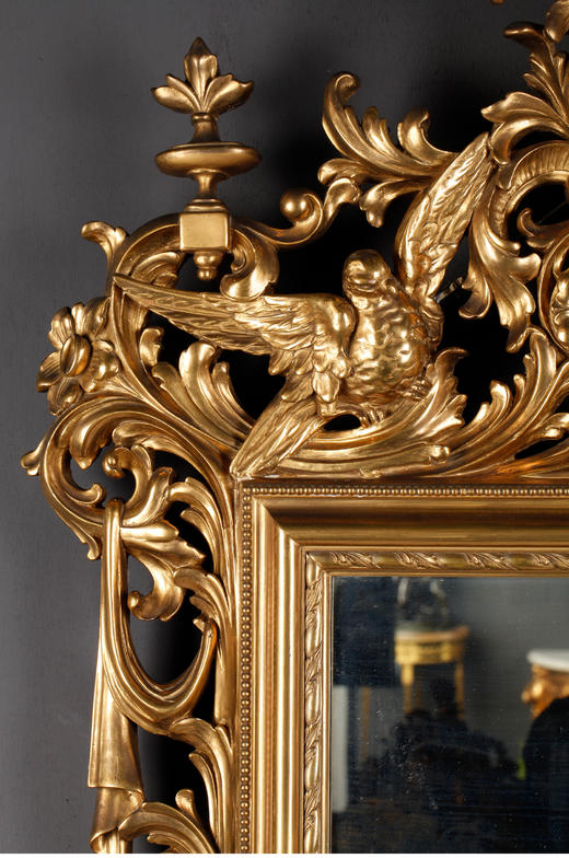 独角鹿西洋古董法国路易十六风格和平白鸽鎏金浮雕木质方形挂镜子 商品图3