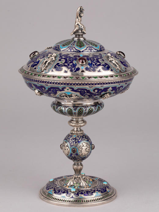 独角鹿西洋古董新文艺复兴风錾胎珐琅纯银镶石榴石绿松石高脚樽 商品图1