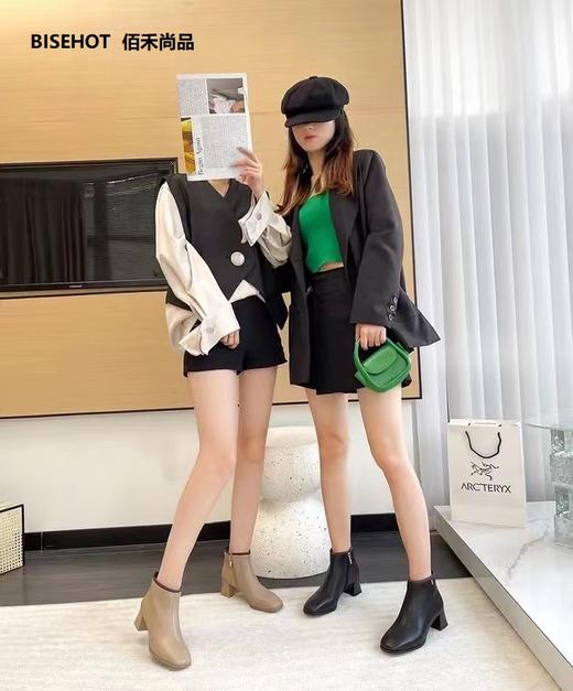 新品羊皮单层粗跟百搭时尚小矮靴982B25501 商品图1