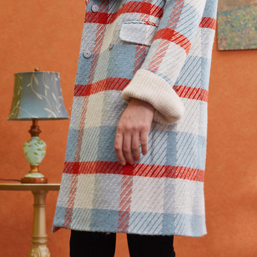 欧芮儿2019秋冬长袖翻领大衣百搭条纹格子毛呢外套女中长 商品图2