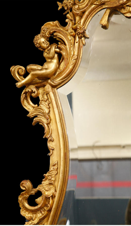 独角鹿西洋古董法国路易十五白鸽天使金叶鎏金灰墁浮雕木质挂镜子 商品图3