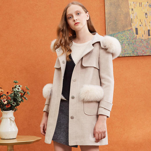 欧芮儿秋冬装女2018新款连帽毛领毛呢外套女中长款百搭呢大衣 商品图0