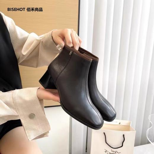 新品羊皮单层粗跟百搭时尚小矮靴982B25501 商品图0