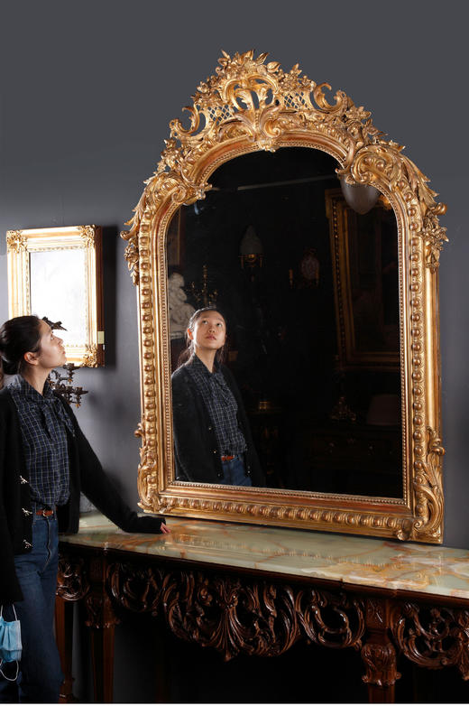 独角鹿西洋古董路易十五风格花卉涡卷金叶鎏金灰墁浮雕木质挂镜 商品图1