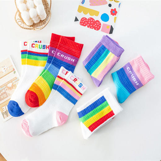 【3双装 儿童舒适彩虹袜子】棉春秋冬季中筒袜男童女童宝宝七彩条纹潮ins韩国 商品图1