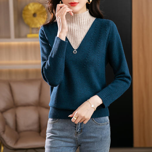 半高领打底衫假两件拼色短款针织毛衣CC-9-6839 商品图2