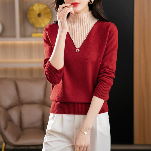 半高领打底衫假两件拼色短款针织毛衣CC-9-6839 商品图0