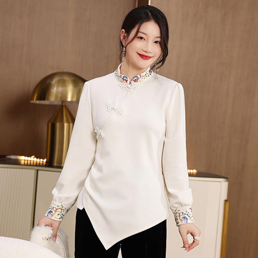 2022春秋新款中国风复古刺绣立领长袖女修身打底衫  HLV2270 商品图3