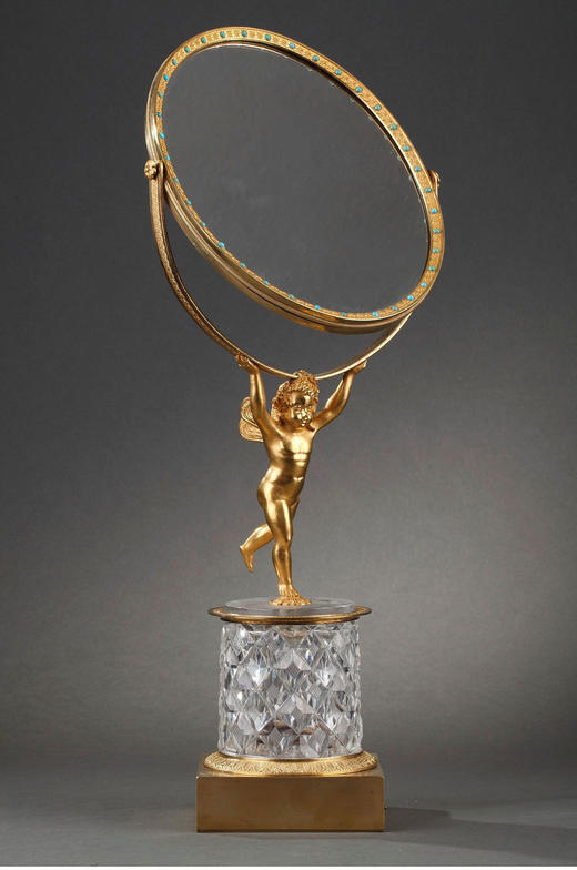 独角鹿西洋古董法国小天使造型铜鎏⾦绿松⽯⽔晶⾳乐盒式梳妆镜 商品图1