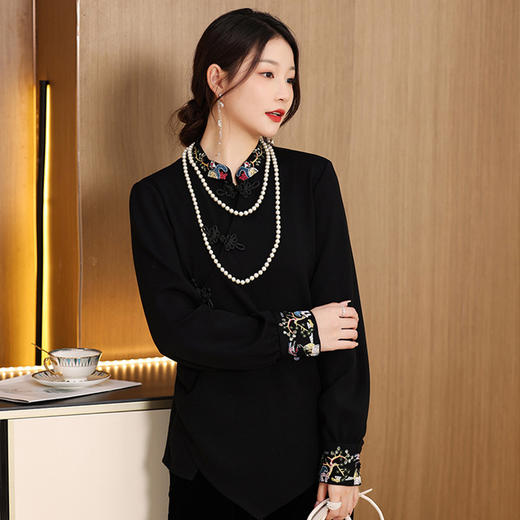 2022春秋新款中国风复古刺绣立领长袖女修身打底衫  HLV2270 商品图2