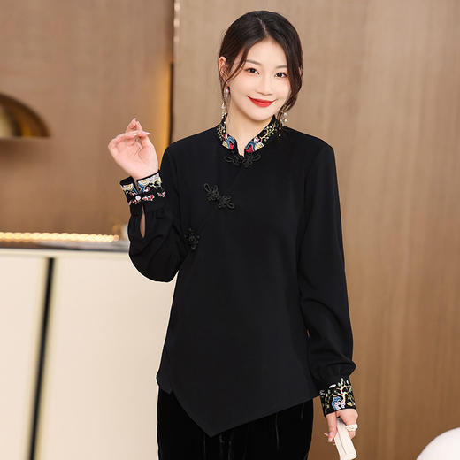 2022春秋新款中国风复古刺绣立领长袖女修身打底衫  HLV2270 商品图0