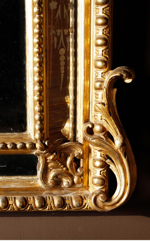 独角鹿西洋古董法国路易十六风茛苕花鎏金灰墁浮雕木质方形挂镜子 商品图3