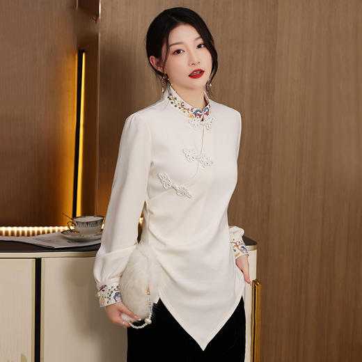 2022春秋新款中国风复古刺绣立领长袖女修身打底衫  HLV2270 商品图1