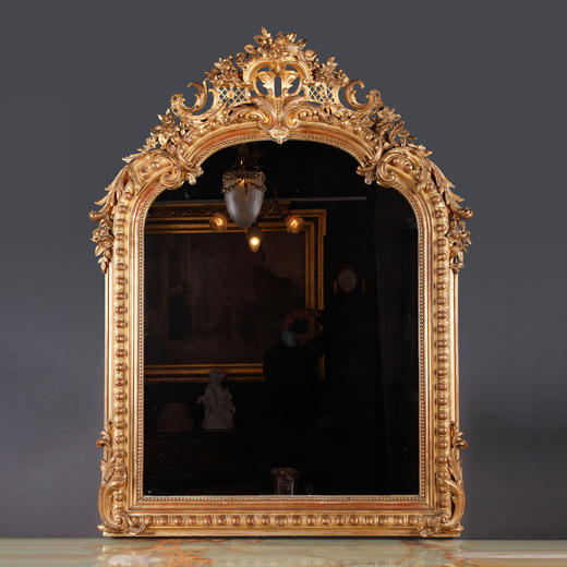 独角鹿西洋古董路易十五风格花卉涡卷金叶鎏金灰墁浮雕木质挂镜 商品图0