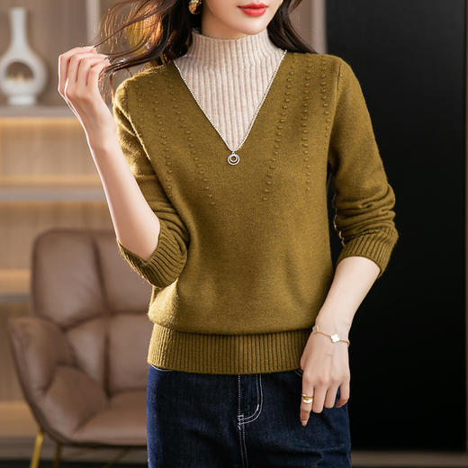 半高领打底衫假两件拼色短款针织毛衣CC-9-6839 商品图1