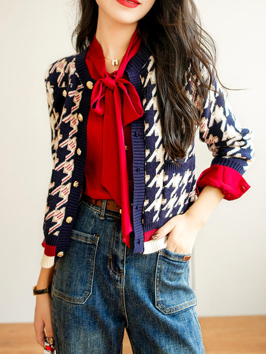 MZ 12052法式复古千鸟格圆领针织开衫时尚气质减龄 商品图0