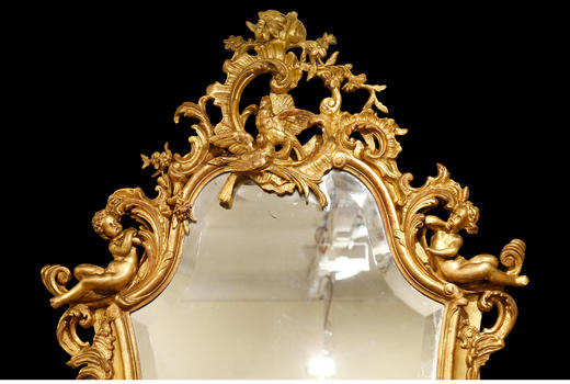 独角鹿西洋古董法国路易十五白鸽天使金叶鎏金灰墁浮雕木质挂镜子 商品图2