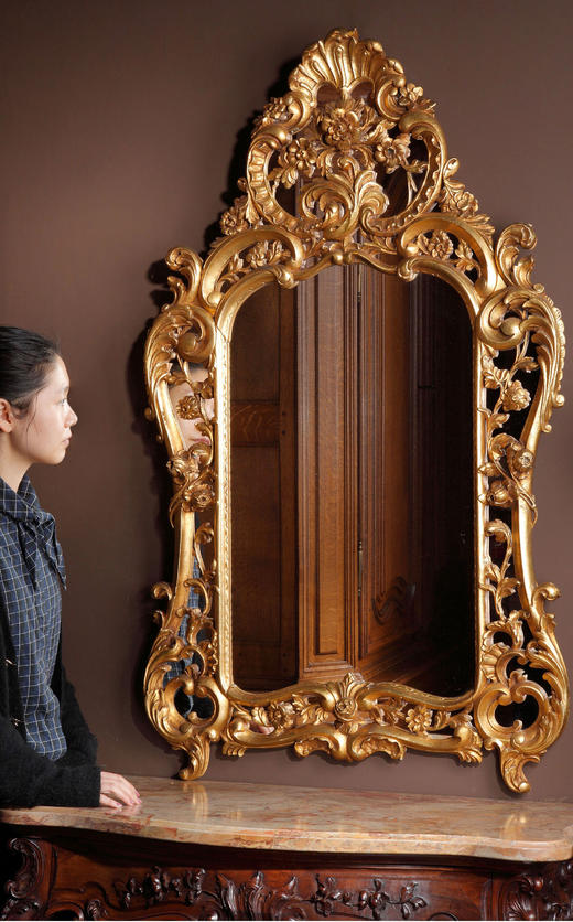 独角鹿西洋古董路易十五风格花卉涡卷金叶鎏金灰墁浮雕木质挂镜 商品图1