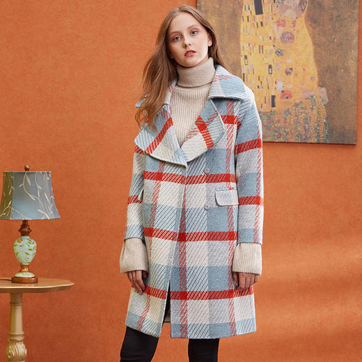 欧芮儿2019秋冬长袖翻领大衣百搭条纹格子毛呢外套女中长 商品图0