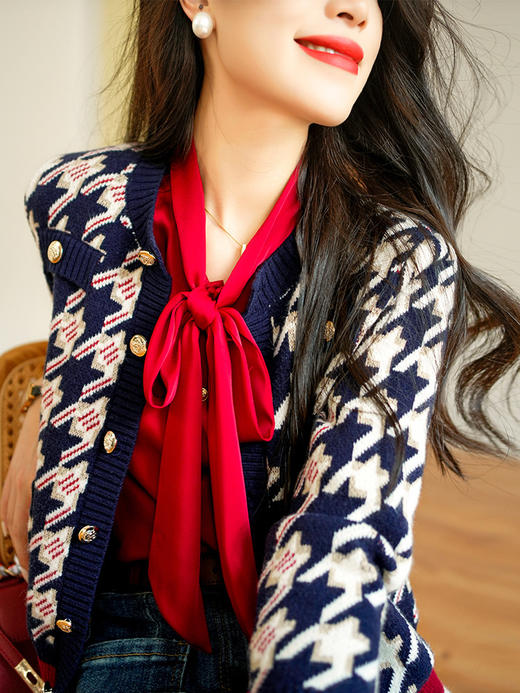 MZ 12052法式复古千鸟格圆领针织开衫时尚气质减龄 商品图3