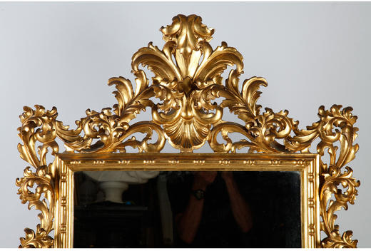 独角鹿西洋古董意大利洛可可风卷草贝壳纹雕刻实木金漆方形挂镜 商品图3