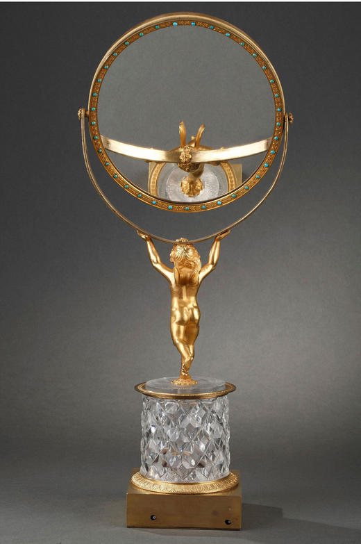 独角鹿西洋古董法国小天使造型铜鎏⾦绿松⽯⽔晶⾳乐盒式梳妆镜 商品图4