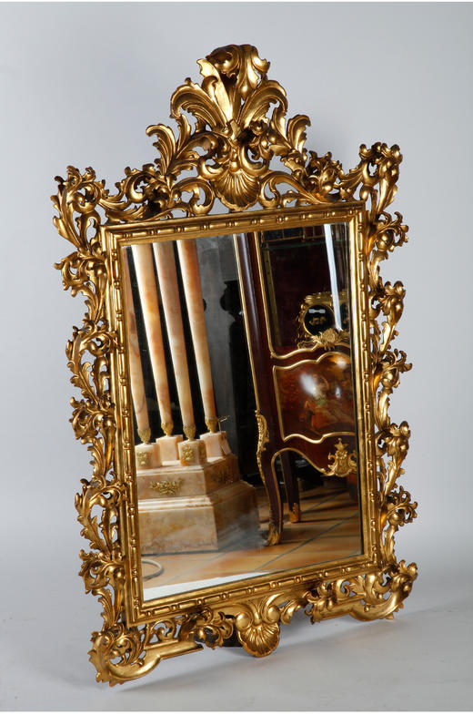 独角鹿西洋古董意大利洛可可风卷草贝壳纹雕刻实木金漆方形挂镜 商品图2