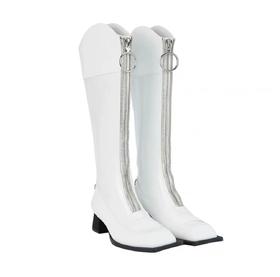 前置双层拉链方头长靴