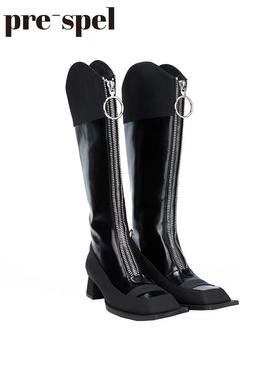 前置双层拉链方头长靴