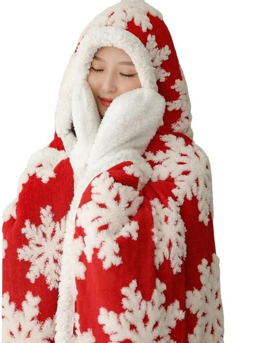 冬季圣诞雪花加厚羊羔头多功能毯披肩斗篷毯法兰绒学生午休毯圣诞节礼物 商品图4