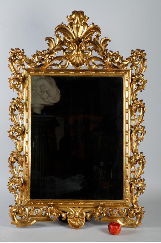 独角鹿西洋古董意大利洛可可风卷草贝壳纹雕刻实木金漆方形挂镜 商品图1