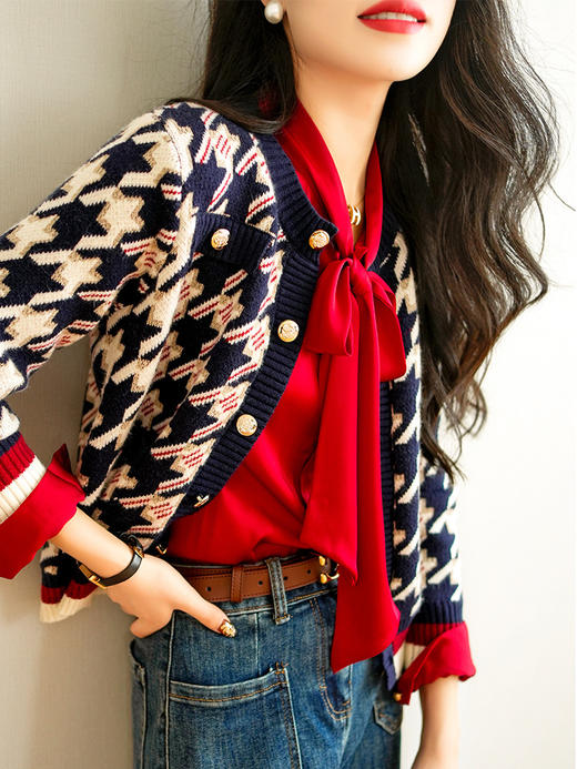 MZ 12052法式复古千鸟格圆领针织开衫时尚气质减龄 商品图2